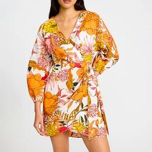 Express Linen Floral Wrap Dress